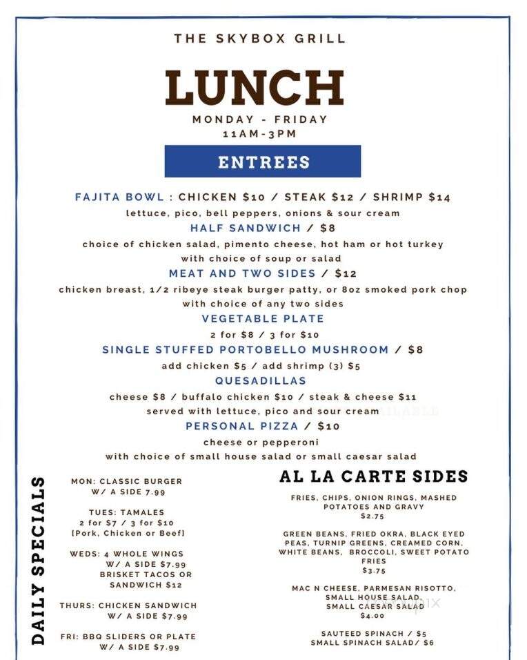 Skybox Grill & Bar - Collierville, TN menu_pic