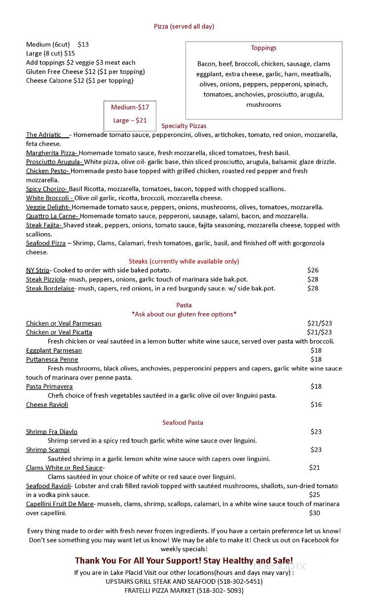 Fratelli Pizza Restaurant and Bar II - Wilmington, NY menu_pic