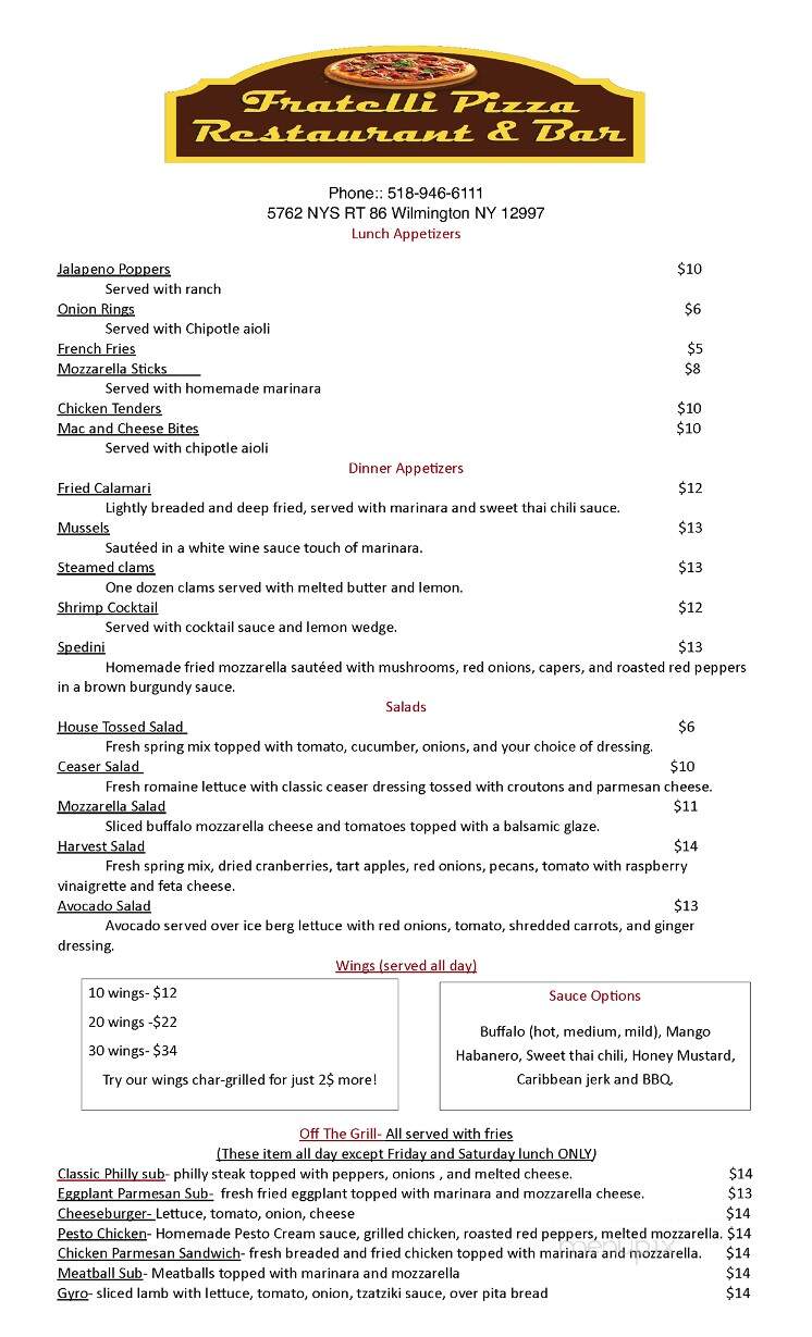 Fratelli Pizza Restaurant and Bar II - Wilmington, NY menu_pic