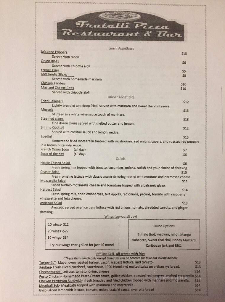 Fratelli Pizza Restaurant and Bar II - Wilmington, NY menu_pic