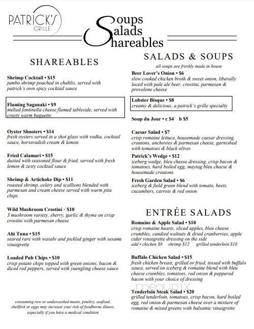 Patrick's Grille - Michigan City, IN menu_pic