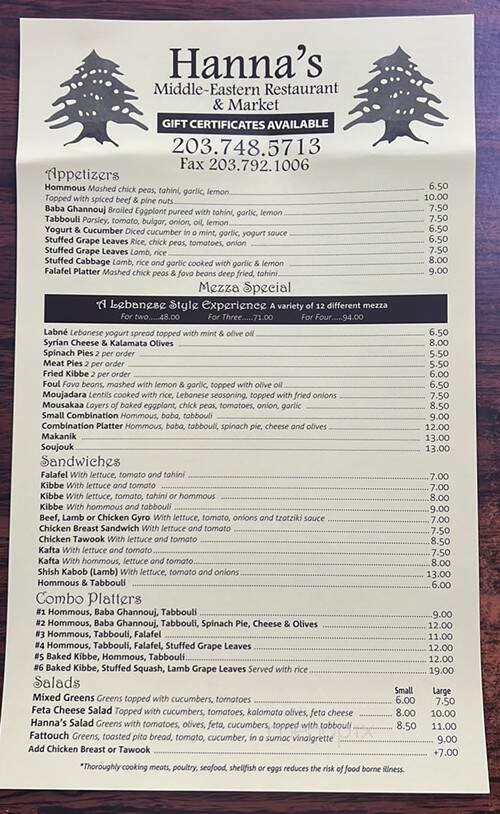 Hanna's Mideastern Restaurant - Danbury, CT menu_pic
