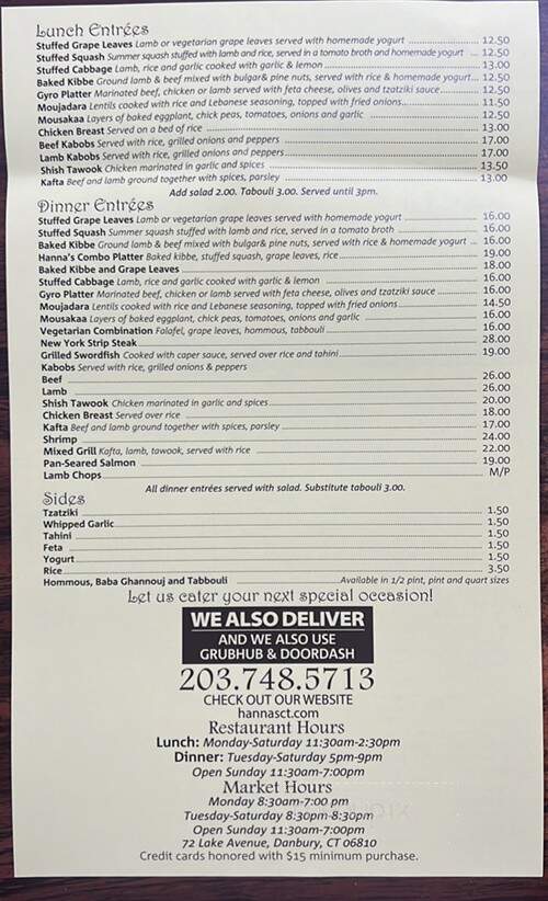Hanna's Mideastern Restaurant - Danbury, CT menu_pic