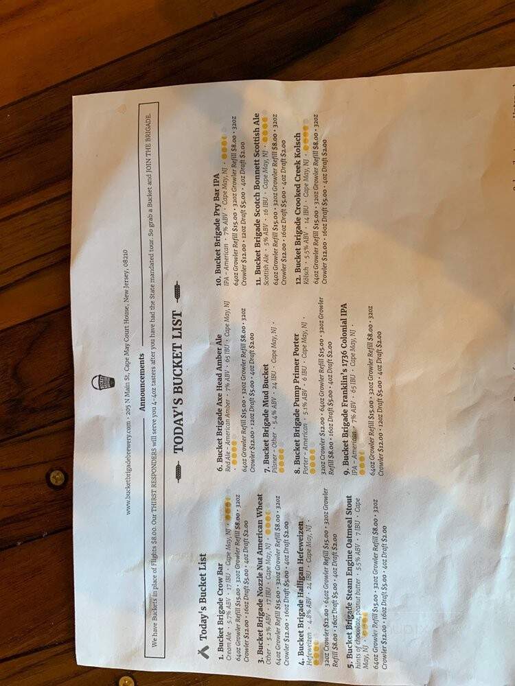 Bucket Brigade Brewery - Middle Township, NJ menu_pic