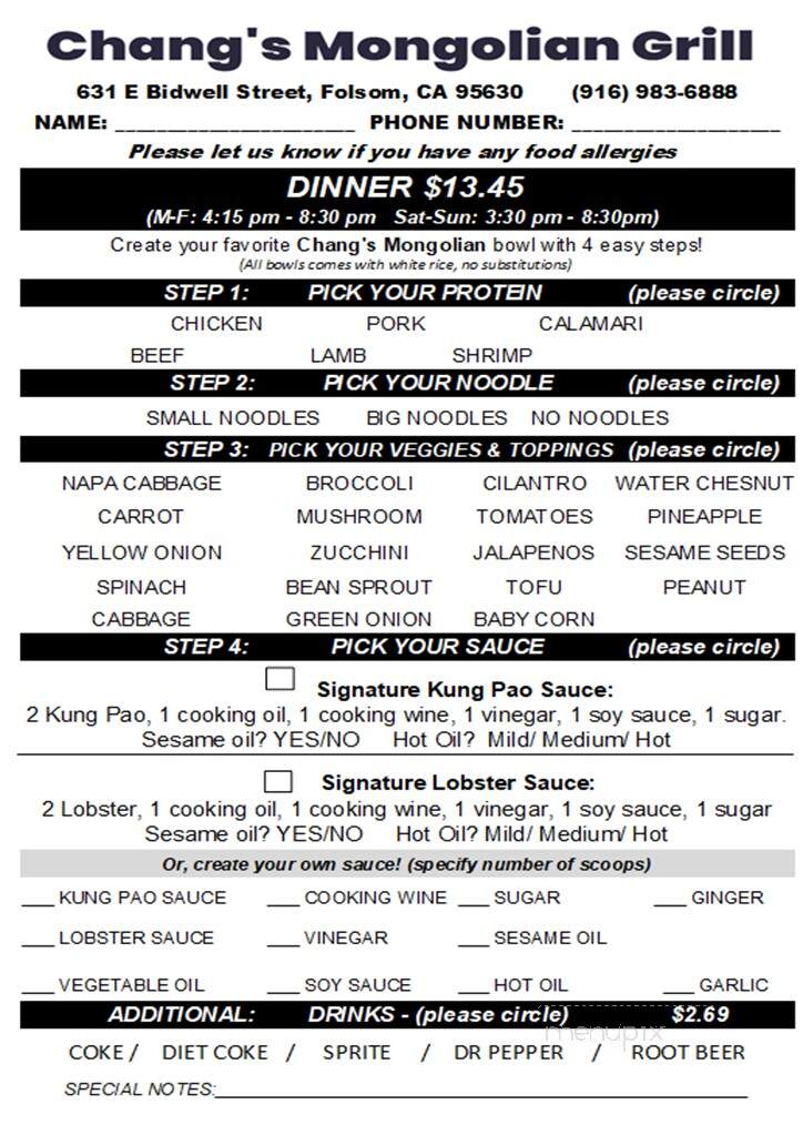 Chang's Mongolian Grill - Folsom, CA menu_pic