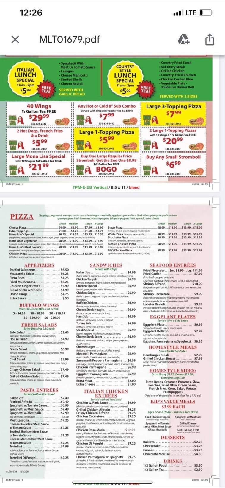 Mona Lisa Italian & American - Ramseur, NC menu_pic