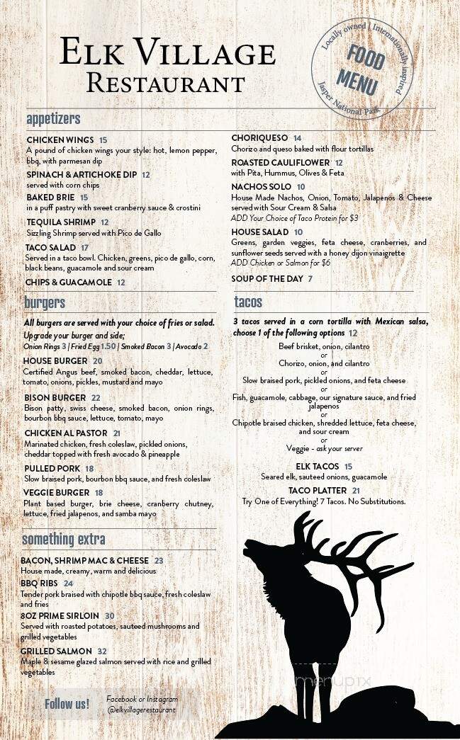 Menu of Elk Village Restaurant in Jasper, AB T0E 1E0
