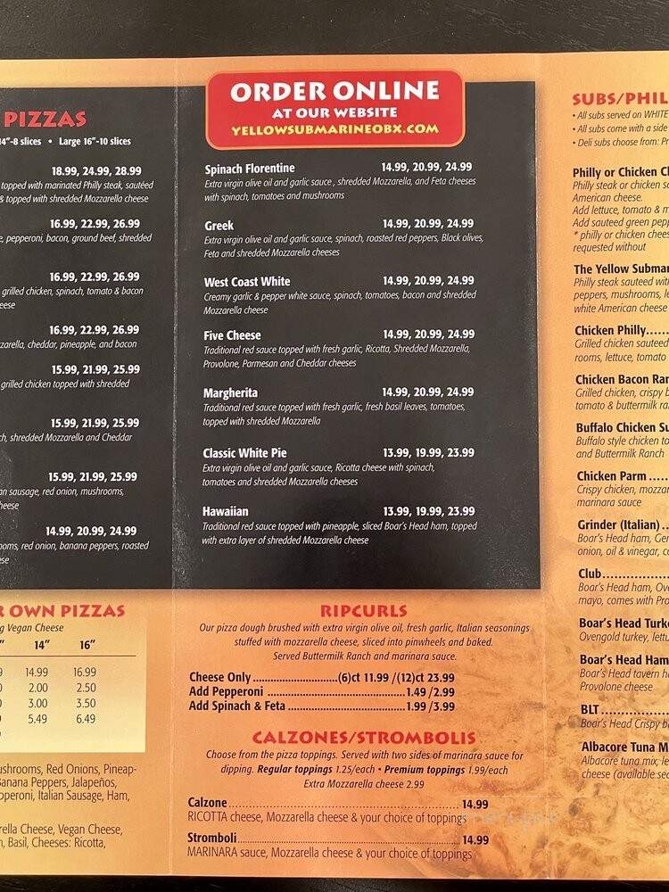 Yellow Submarine - Nags Head, NC menu_pic