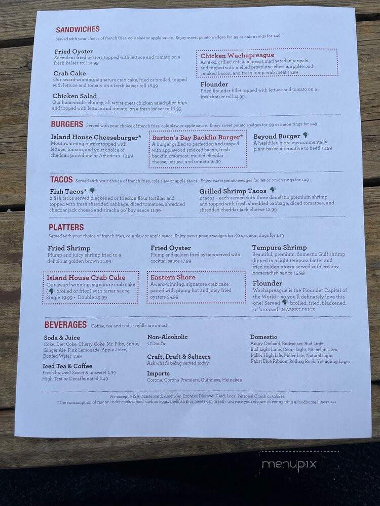Island House Restaurant Marina - Wachapreague, VA menu_pic