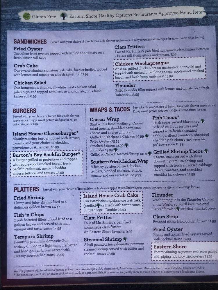 Island House Restaurant Marina - Wachapreague, VA menu_pic