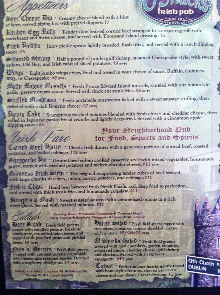 O'Shucks Irish Pub - Centreville, MD menu_pic