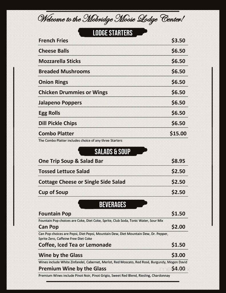 Mobridge Moose Lodge - Mobridge, SD menu_pic