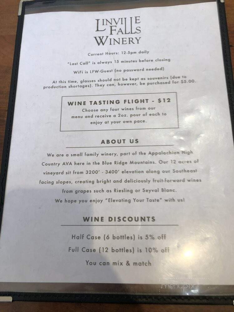 Linville Falls Winery - Newland, NC menu_pic