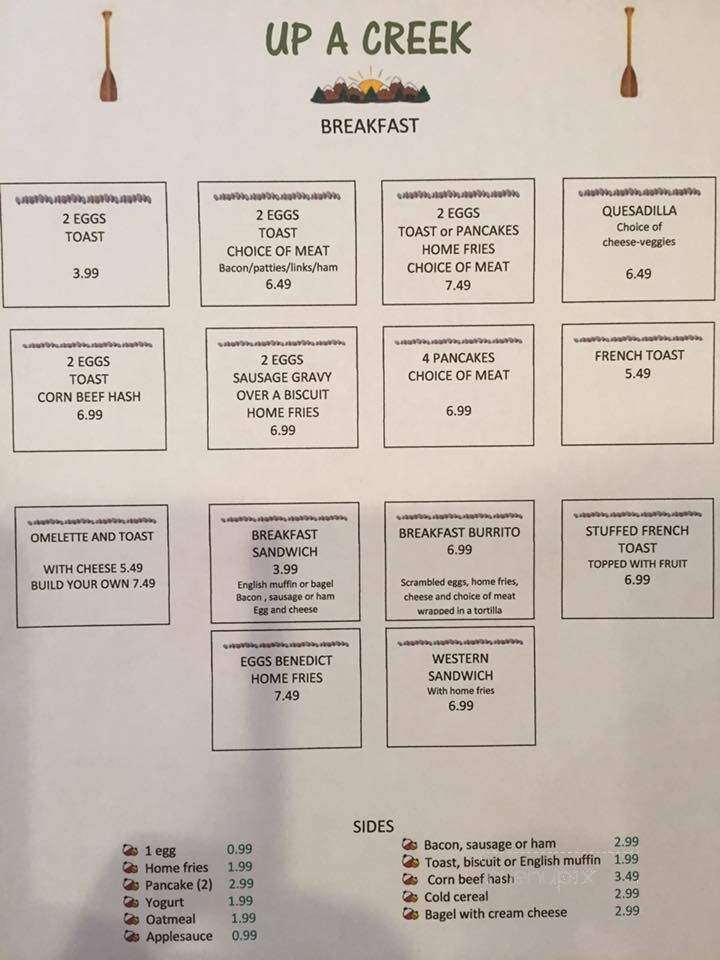 Up a Creek Restaurant - Wilmington, NY menu_pic