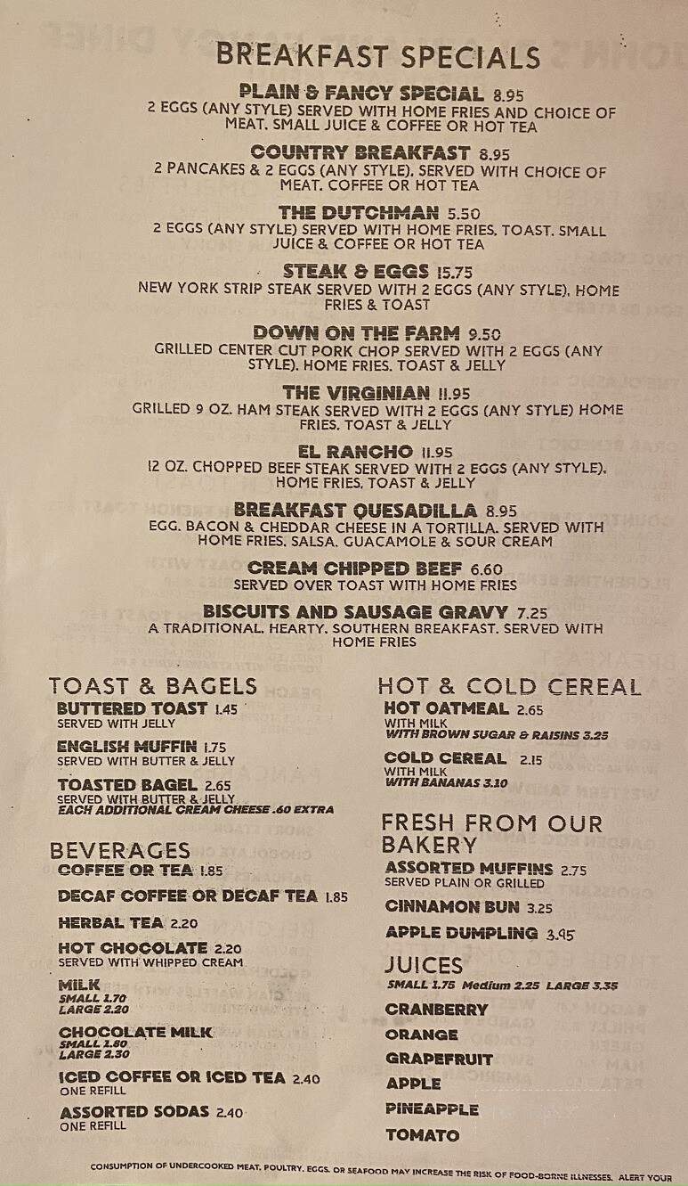 Plain & Fancy Restaurant - Quakertown, PA menu_pic