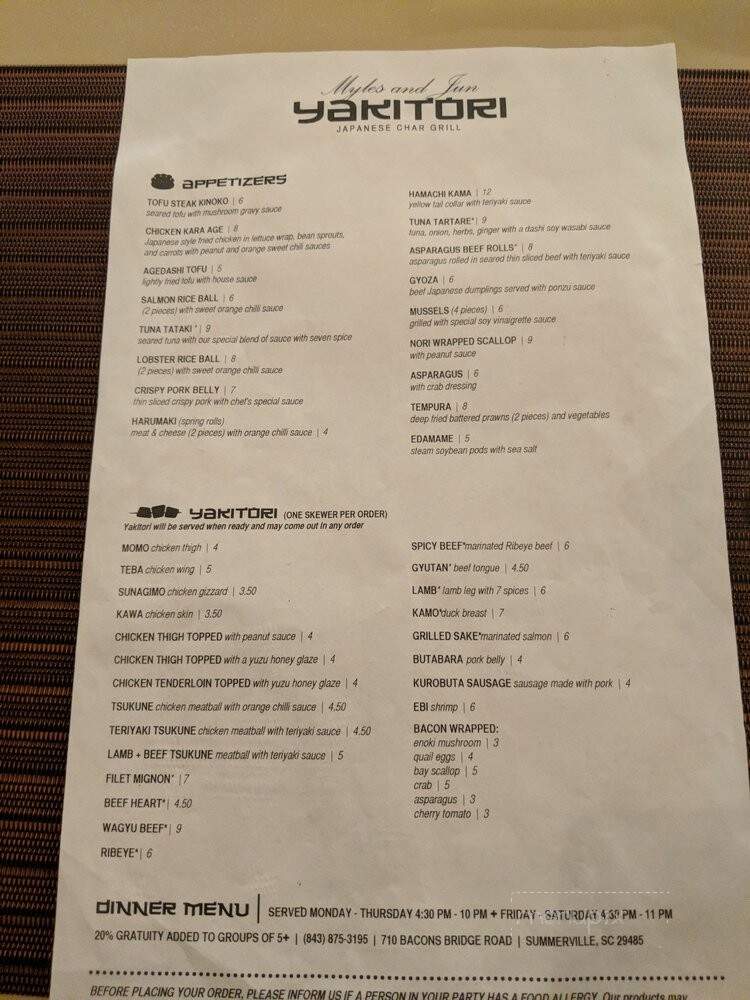 Myles and Jun Yakitori - Summerville, SC menu_pic