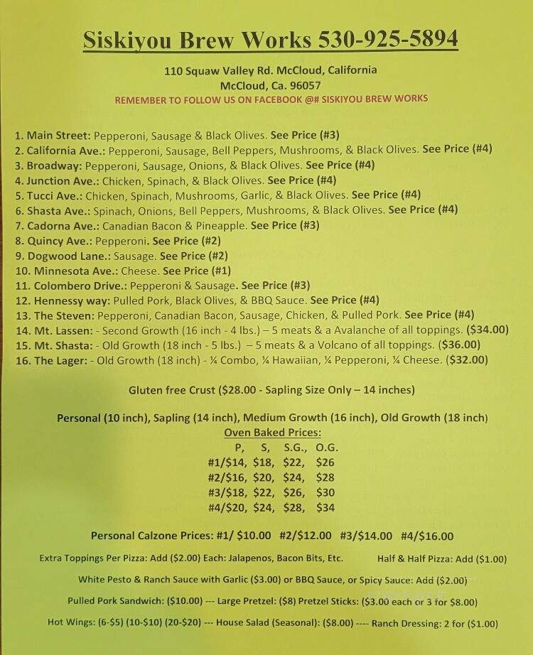 Siskiyou Brew Works - McCloud, CA menu_pic