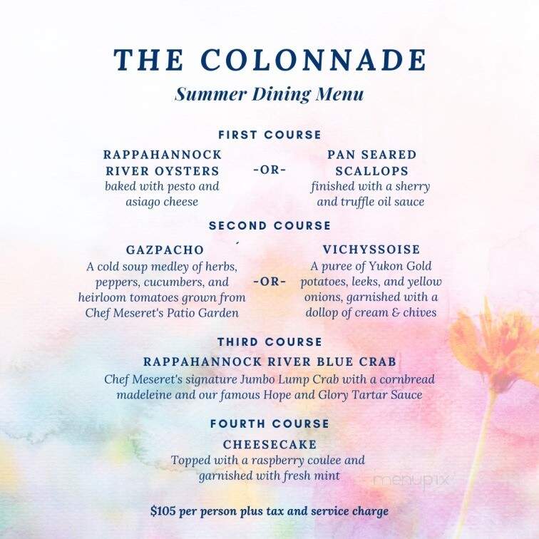 The Hope and Glory Inn - Irvington, VA menu_pic