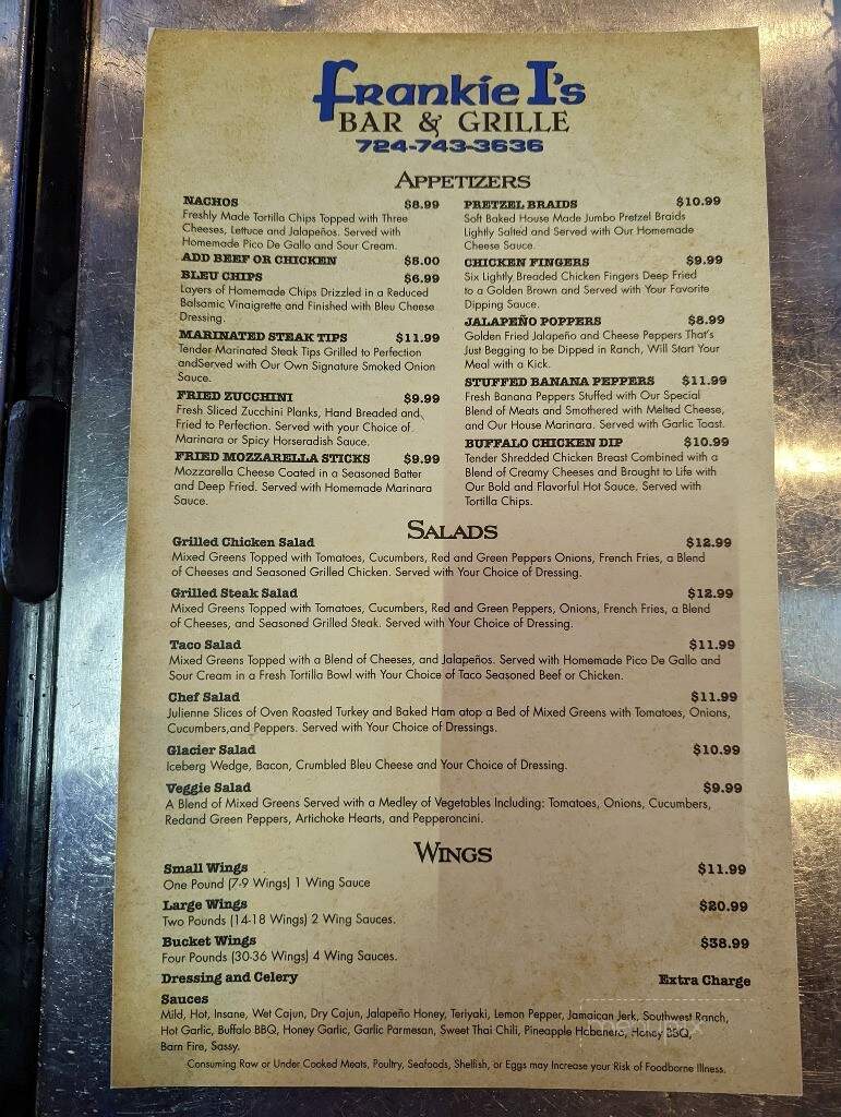 Frankie I's Bar and Grill - Washington, PA menu_pic