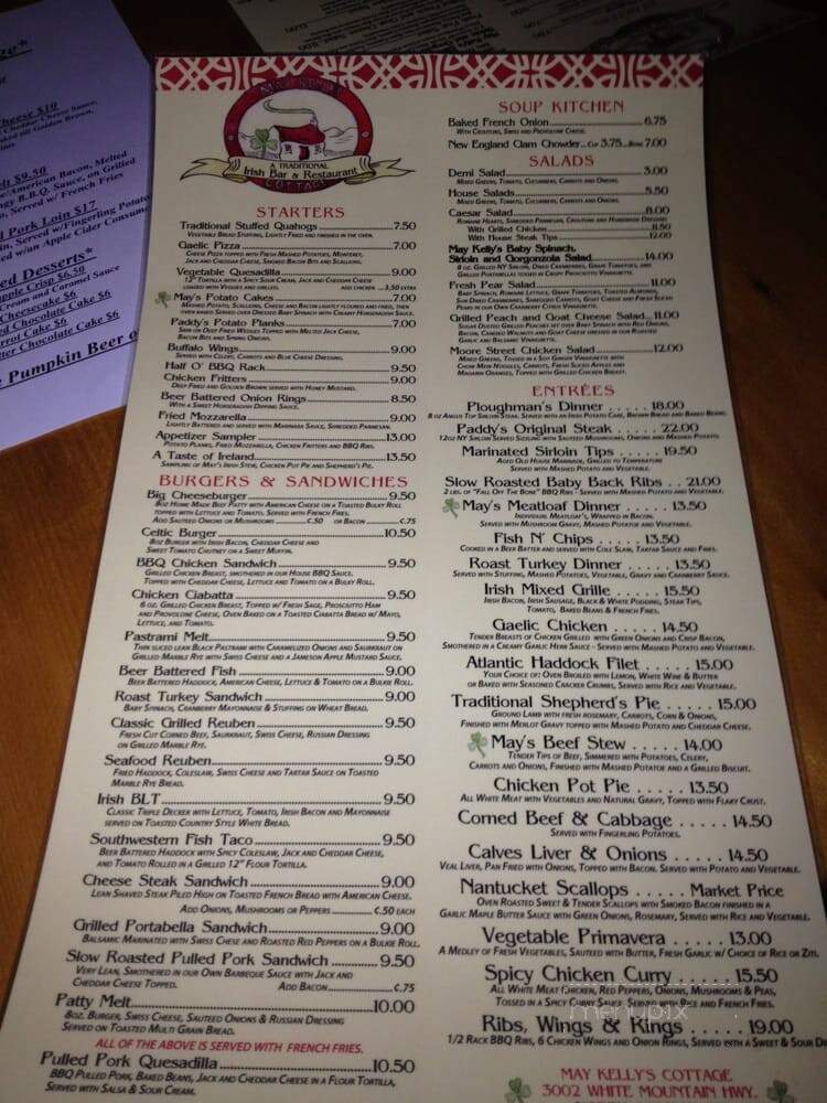 May Kelly's Irish Restaurant - North Conway, NH menu_pic