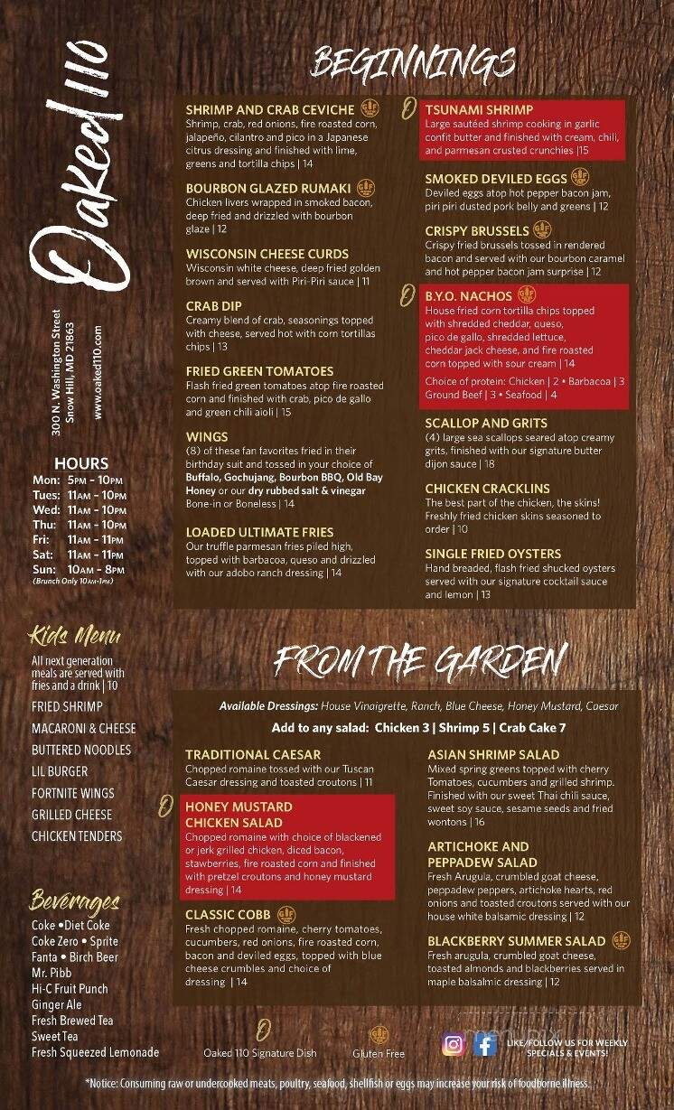 Oaked 110 Whiskey & Wine Bar - Snow Hill, MD menu_pic