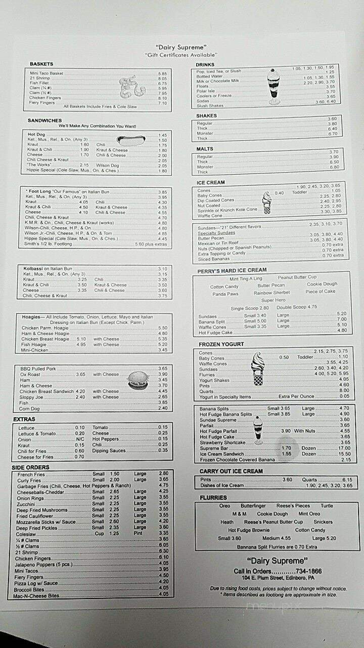 Dairy Supreme - Edinboro, PA menu_pic