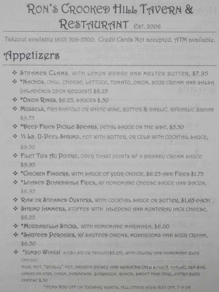 Ron's Crooked Hill Tavern - Pottstown, PA menu_pic