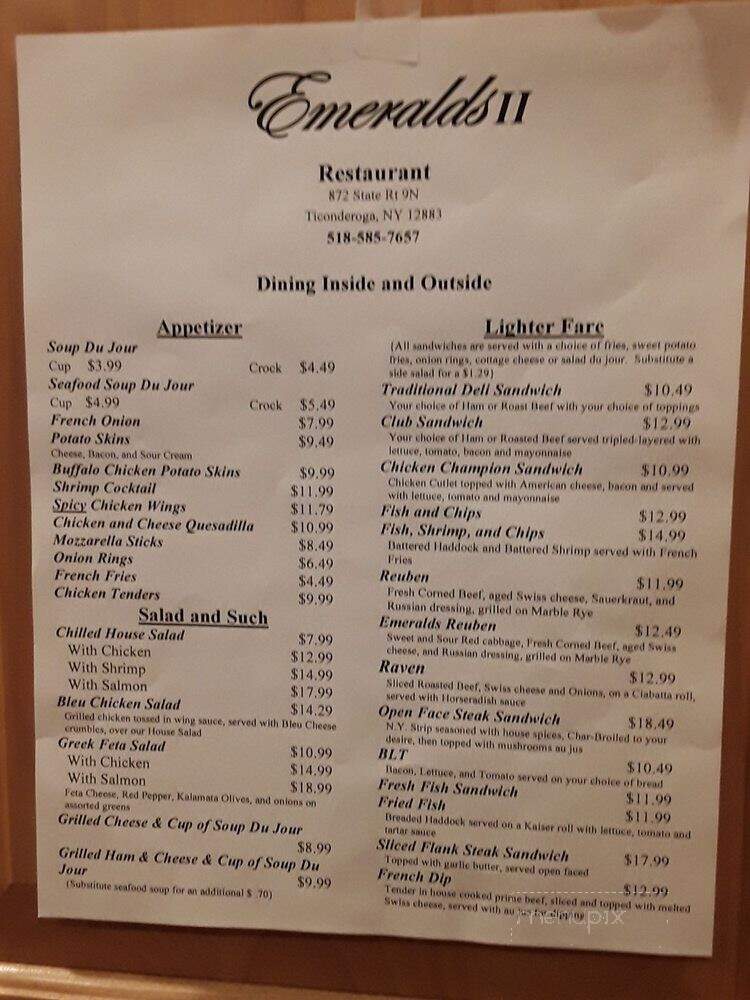 Emeralds Restaurant - Ticonderoga, NY menu_pic