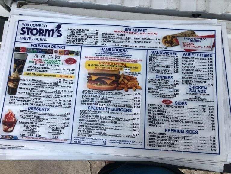 Storm's Drive-In Restaurant - Lampasas, TX menu_pic