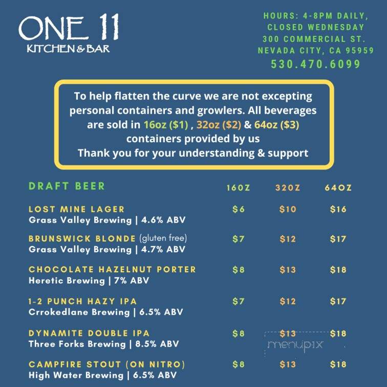 One 11 Kitchen & Bar - Nevada City, CA menu_pic
