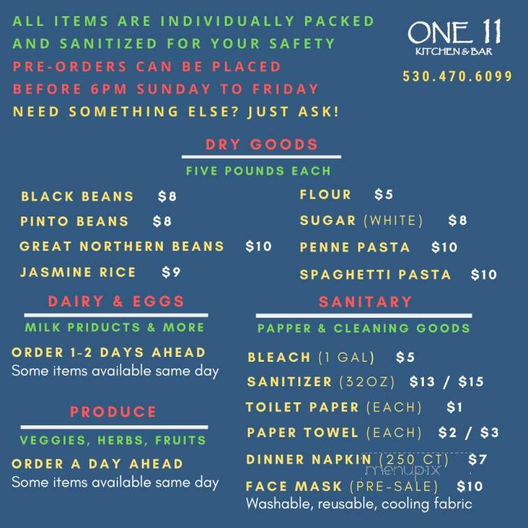 One 11 Kitchen & Bar - Nevada City, CA menu_pic