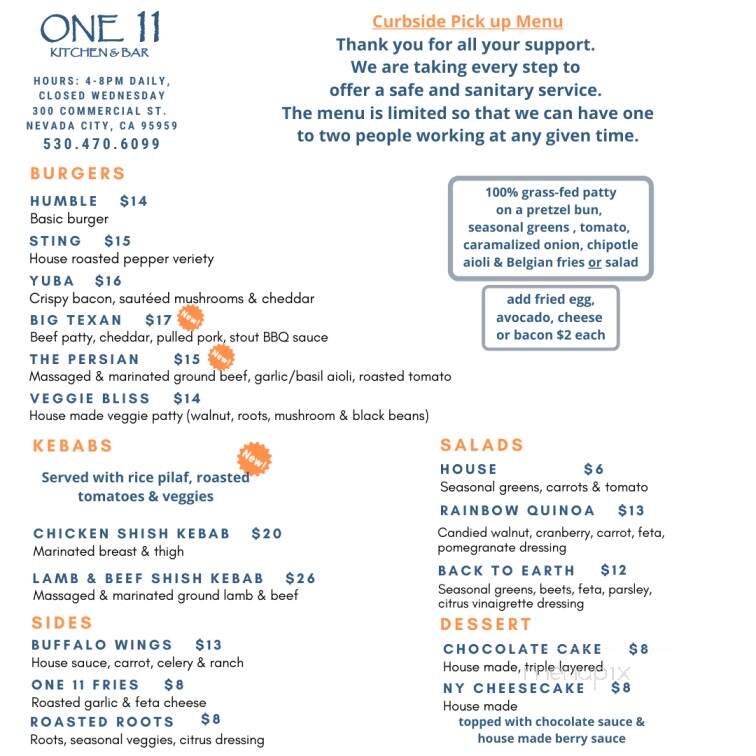 One 11 Kitchen & Bar - Nevada City, CA menu_pic