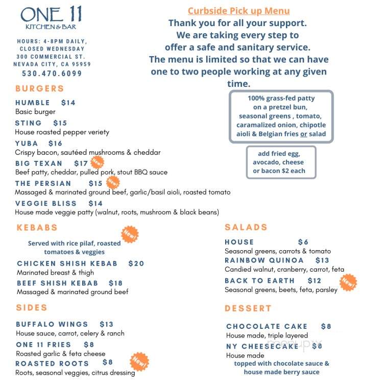 One 11 Kitchen & Bar - Nevada City, CA menu_pic