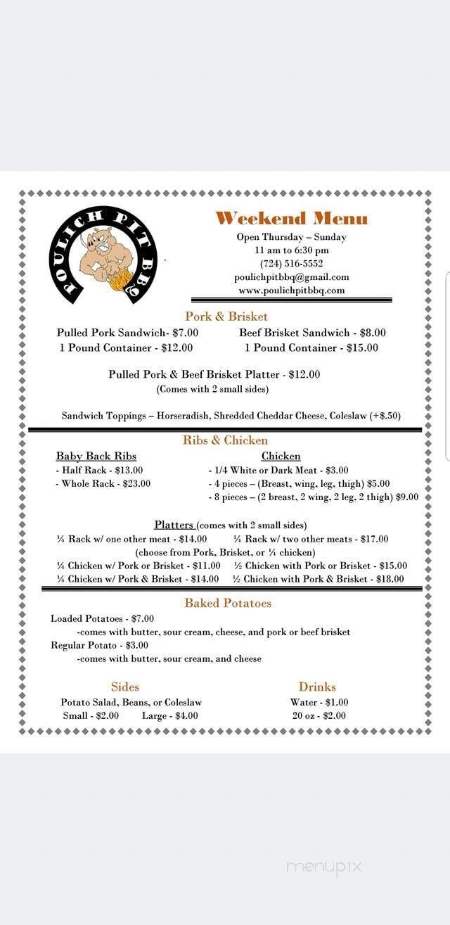 Poulich Pit BBQ - New Stanton, PA menu_pic