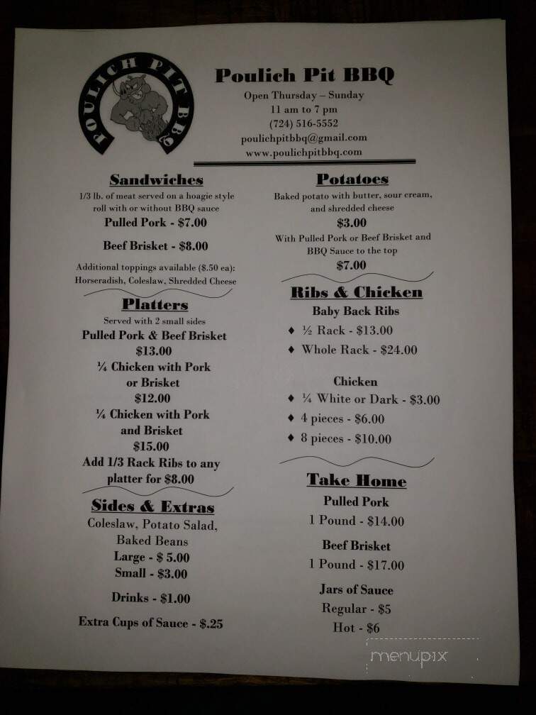 Poulich Pit BBQ - New Stanton, PA menu_pic