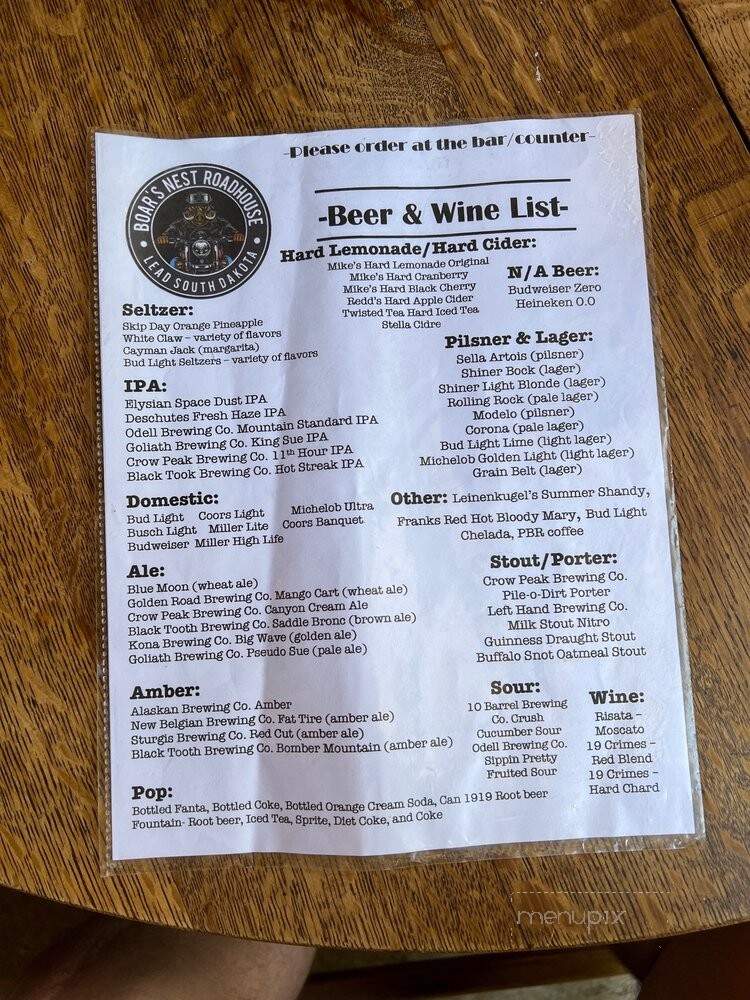 Boars Nest - Lead, SD menu_pic