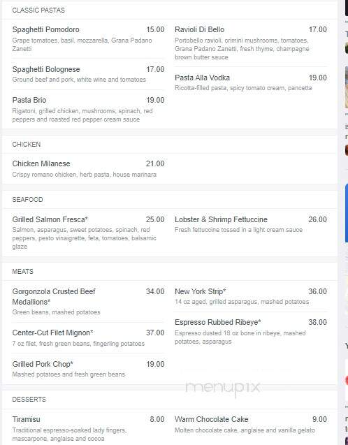 Brio Tuscan Grille - Cherokee, NC menu_pic
