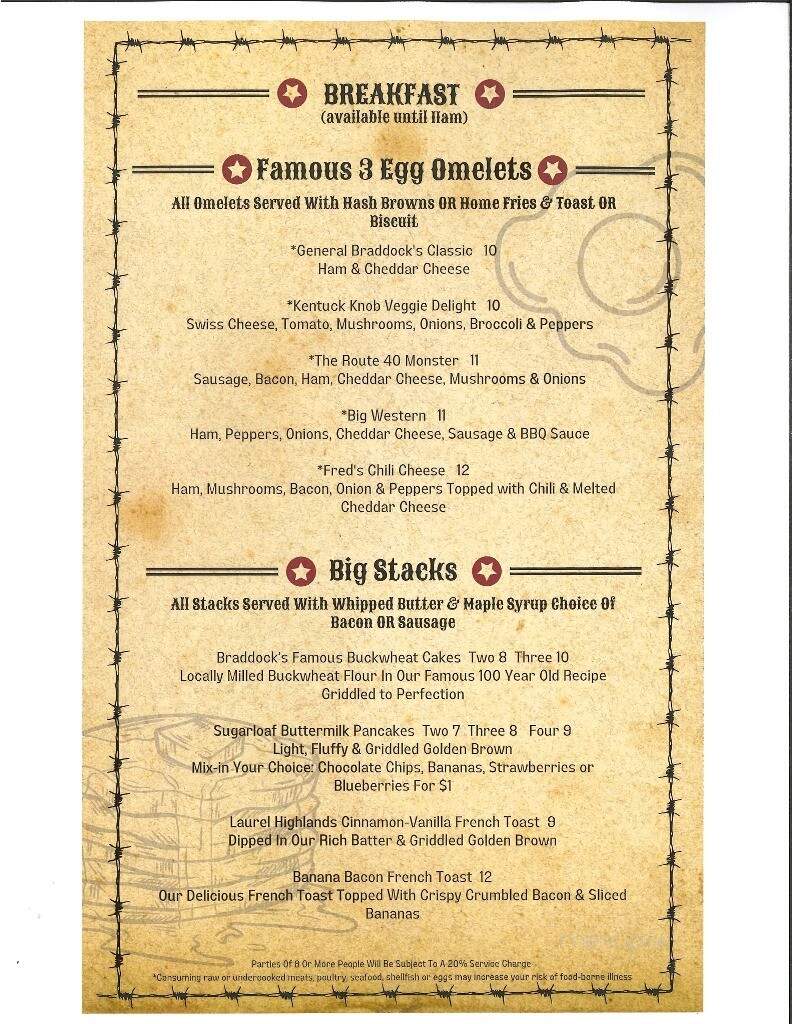 Braddock Inn Restaurant - Farmington, PA menu_pic