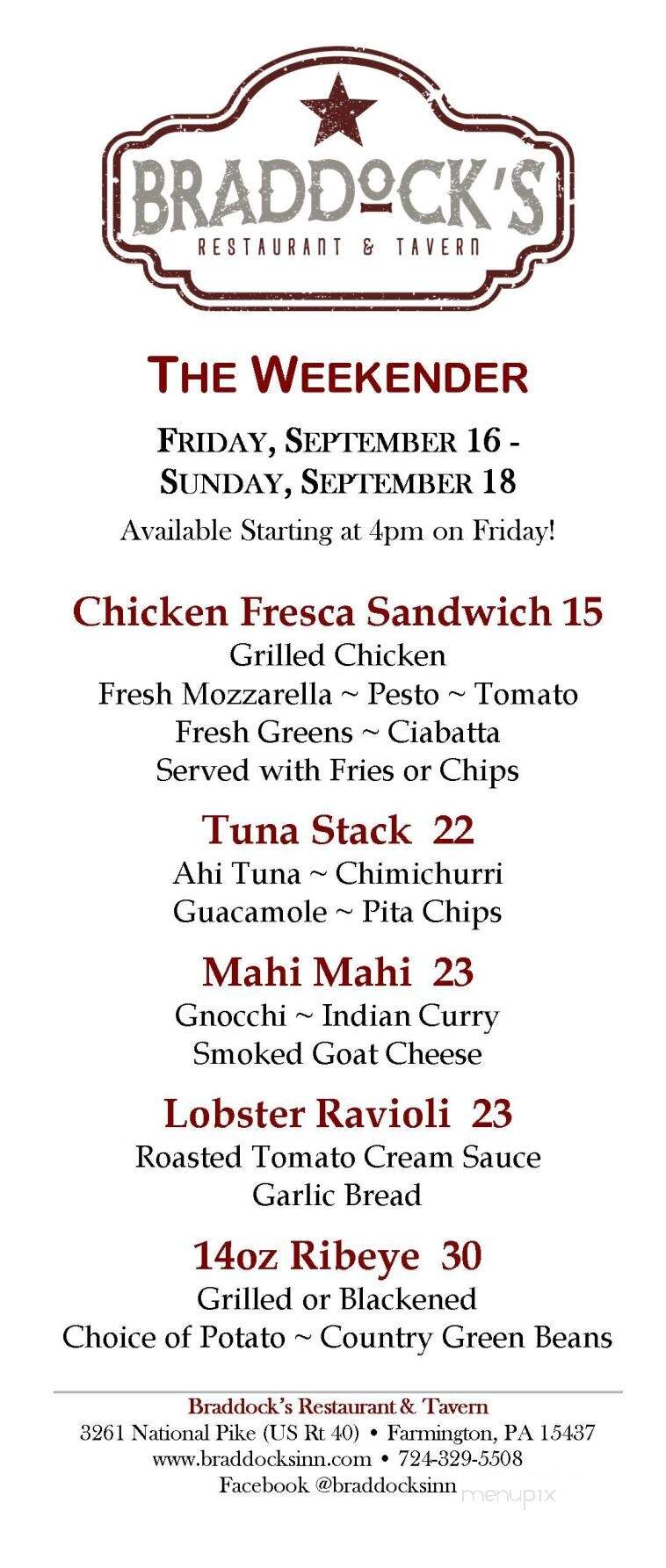 Braddock Inn Restaurant - Farmington, PA menu_pic