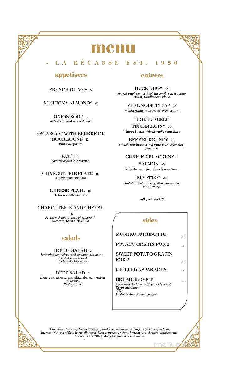 La Becasse Restaurant - Maple City, MI menu_pic