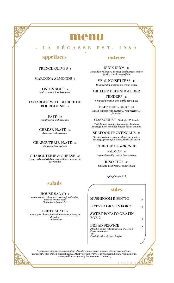 La Becasse Restaurant - Maple City, MI menu_pic