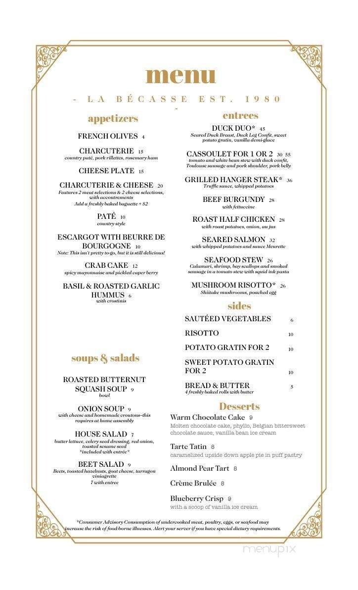 La Becasse Restaurant - Maple City, MI menu_pic