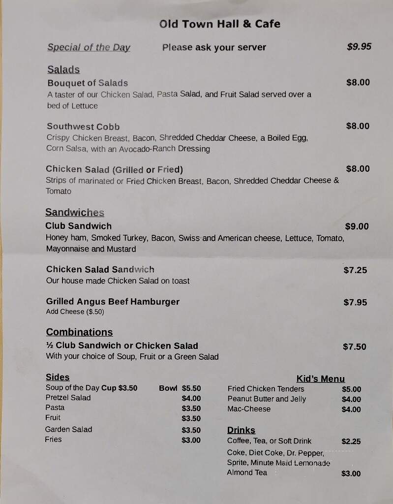 Old Town Hall & Cafe - Covington, TN menu_pic