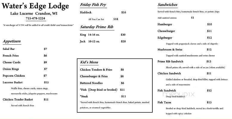 Water's Edge Lodge - Crandon, WI menu_pic