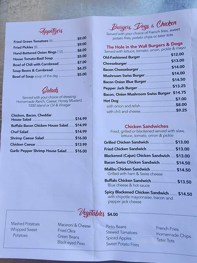 Hole In The Wall - Blairsville, GA menu_pic