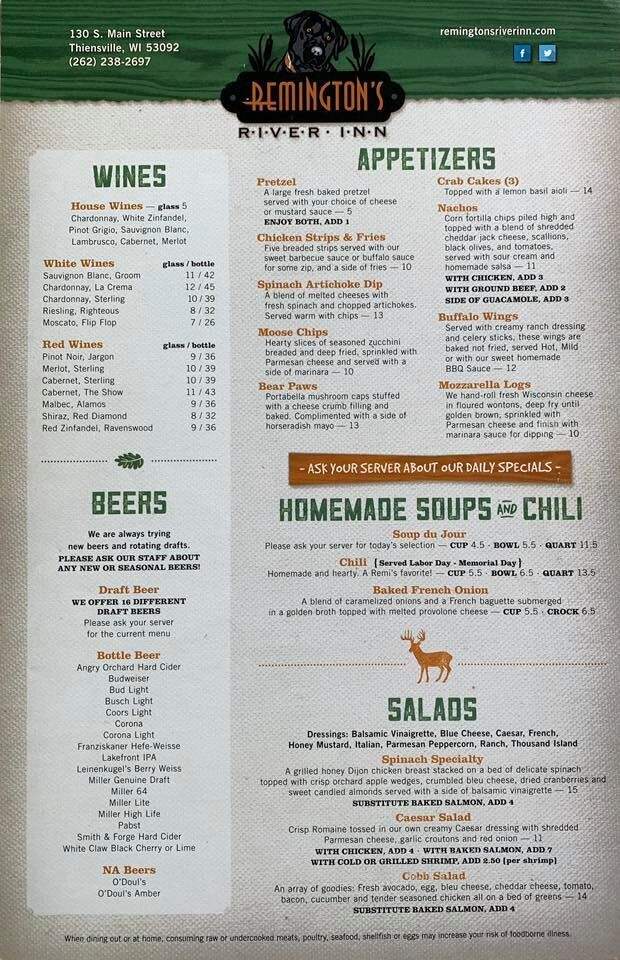 Remington's River Inn - Thiensville, WI menu_pic
