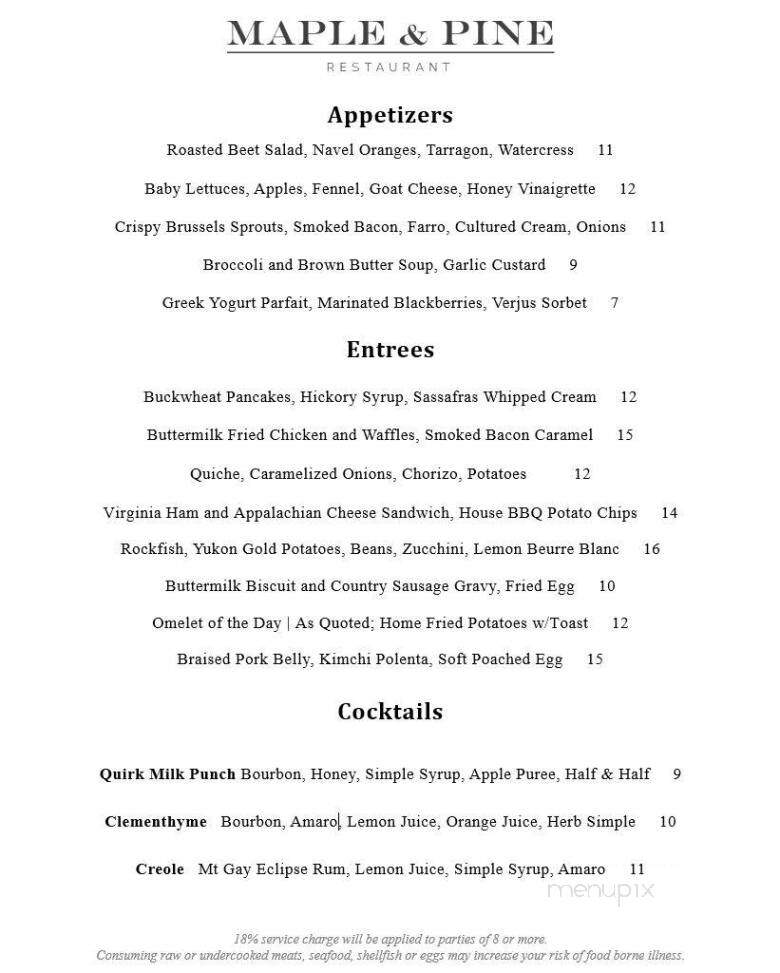 Maple & Pine Restaurant - Richmond, VA menu_pic