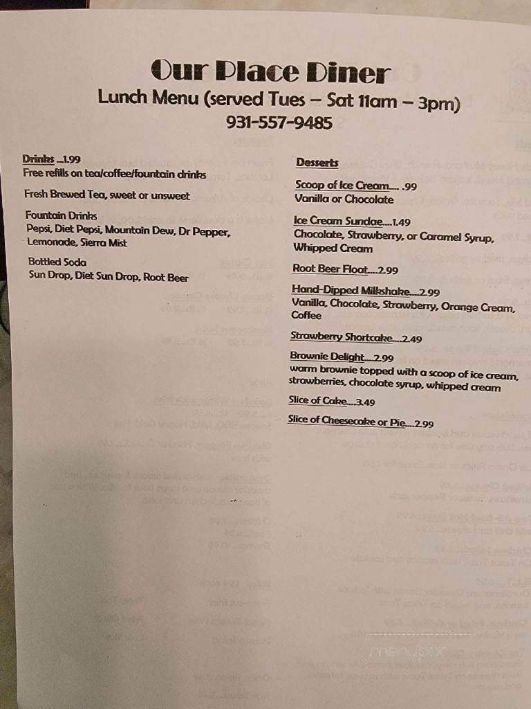 Our Place Diner - Fayetteville, TN menu_pic