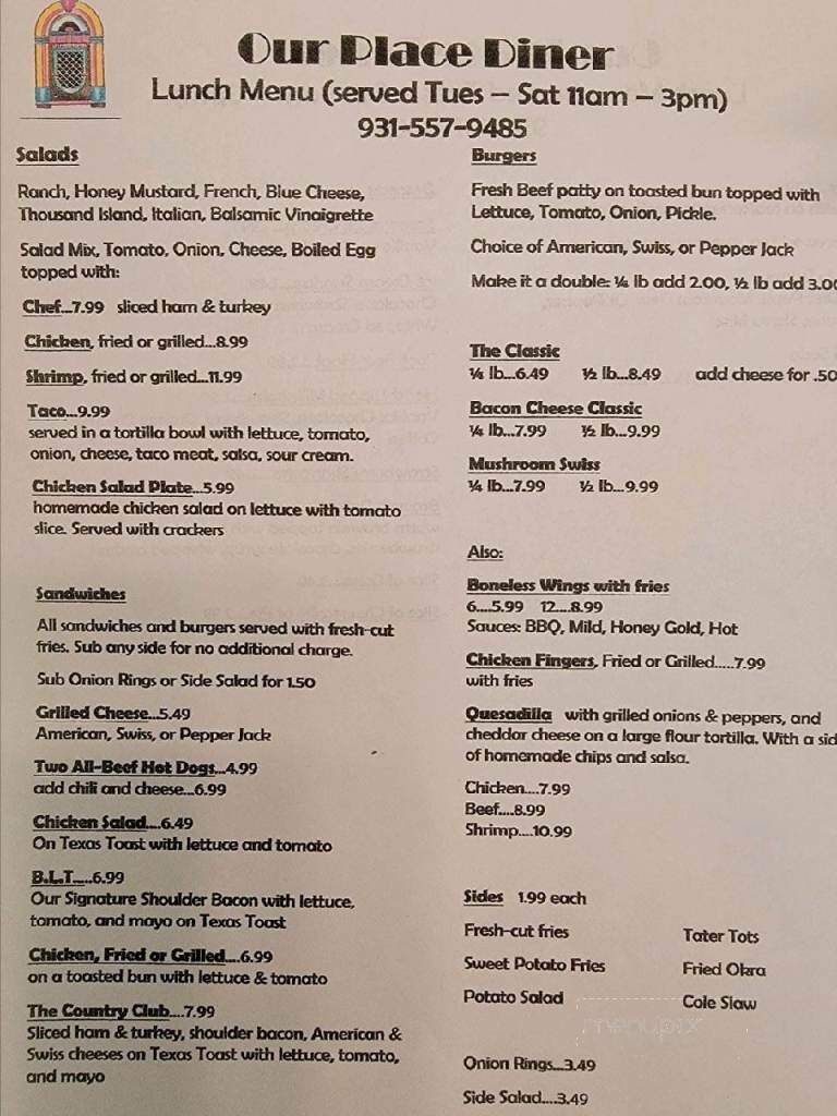 Our Place Diner - Fayetteville, TN menu_pic
