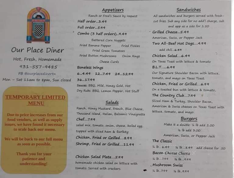 Our Place Diner - Fayetteville, TN menu_pic